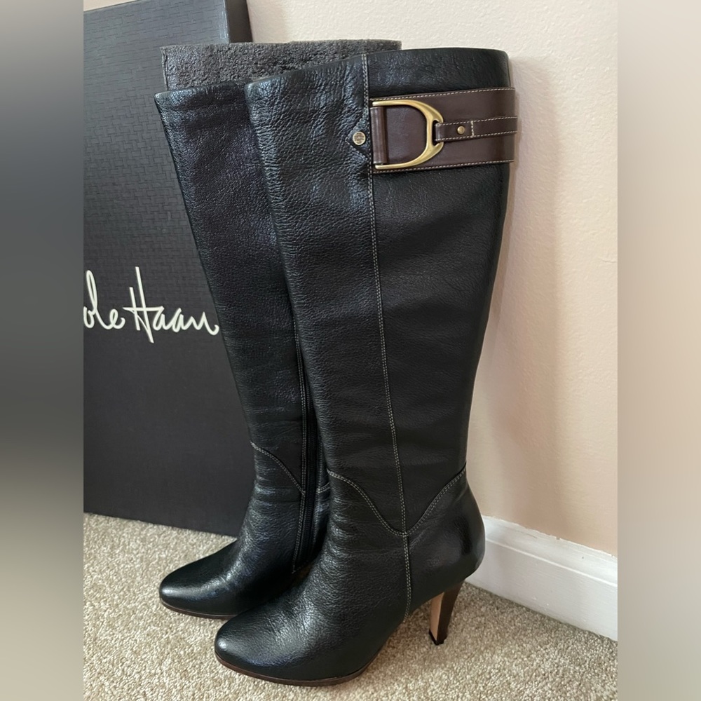 Cole Haan Heeled Black Leather Riding Boots with Nike Air Support